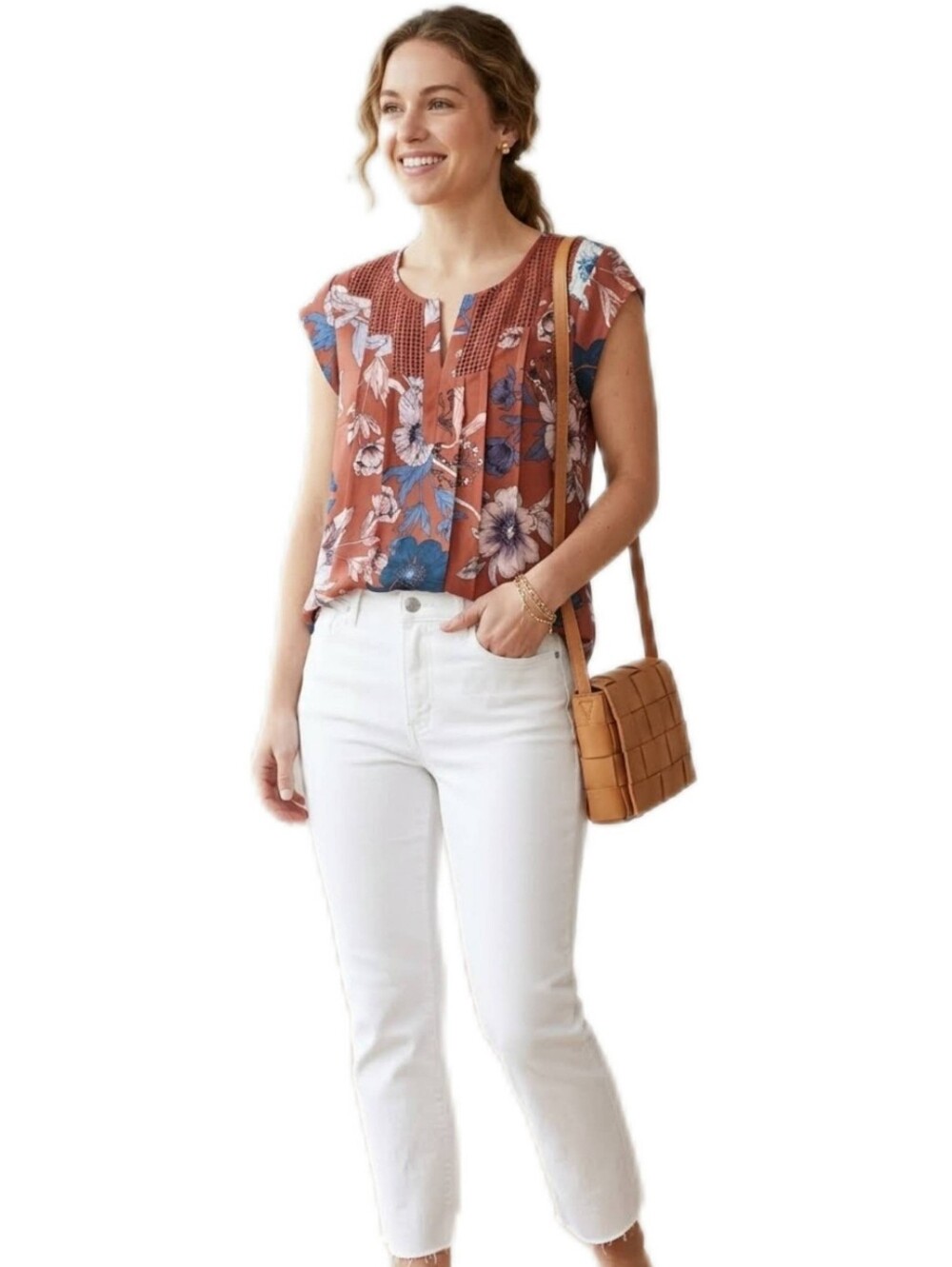Daniel Rainn Rust Floral Crochet Lace Bib Pleated Tunic Size Petite XS